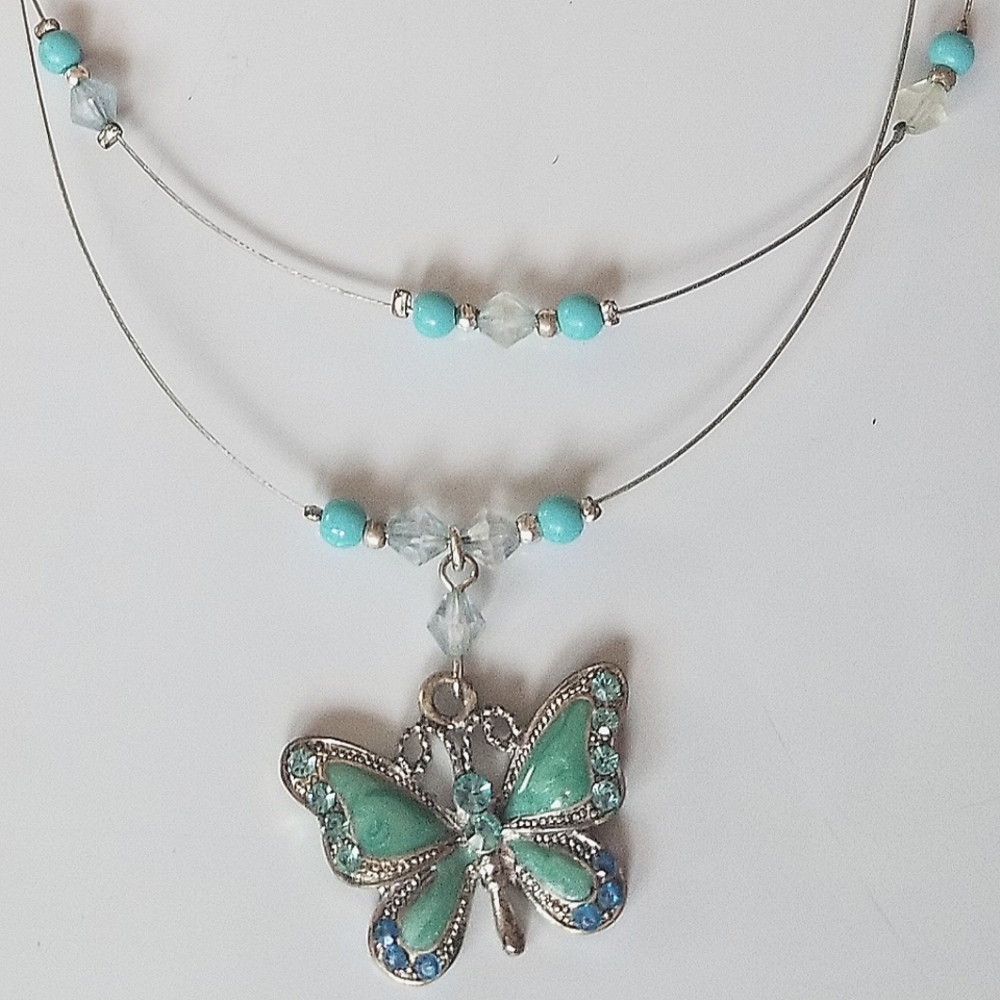 Butterfly Layered Necklace | Blue | Rhinestones | Beads